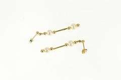 14K Yellow Gold Pearl Beaded Vintage Bar Dangle Chain Earrings