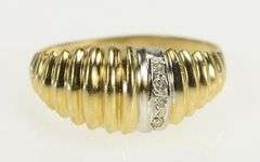14K Yellow Gold Grooved Diamond Vintage Domed Statement Ring