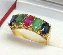 NATURAL RUBY, EMERALD, & BLUE SAPPHIRE GEMSTONE RING- 14KT SOLID YELLOW GOLD