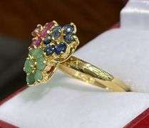 14KT SOLID YELLOW GOLD, RUBY, EMERALD, & BLUE SAPPHIRE RING!