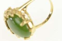 14K Yellow Gold Oval Nephrite Cabochon Ornate Leaf Vine Ring