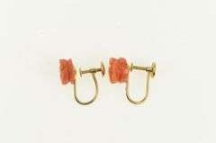14K Yellow Gold Carved Coral Rose Flower Vintage Screw Back Earrings