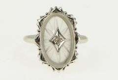10K White Gold Oval Camphor Glass Diamond Filigree Ornate Ring