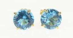 14K Yellow Gold Round Blue Topaz Classic Vintage Stud Earrings