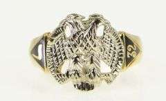 10K White Gold Masonic Eagle Symbol Enamel Vintage Men's Ring
