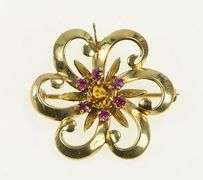 10K Yellow Gold 1950's Ornate Syn. Ruby & Citrine Flower Pendant/Pin