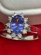 CERTIFIED 14KT SOLID WHITE GOLD TANZANITE & DIAMOND COCKTAIL RING