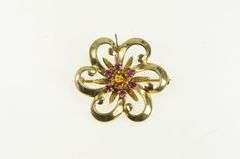 10K Yellow Gold 1950's Ornate Syn. Ruby & Citrine Flower Pendant/Pin