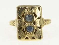 14K Yellow Gold Art Deco Sapphire Squared Ornate Vintage Ring