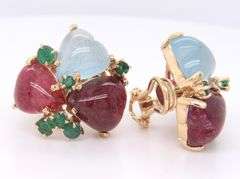 Charming Yellow Gold Heart Cab Ruby & Aquamarine and Emerald Art Deco Clip on Earrings
