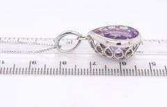 Pear Shaped Bezel Amethyst with Diamonds Pendant on Sterling Silver Chain