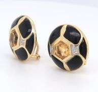 Gorgeous Hexagen Citrine and Black Onyx and Diamond Round Yellow Gold Earrings