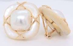 Wonderful Yellow Gold Mabe Pearl and Gold Earclip Earrings