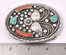 Coral and Turquoise Belt Buckle In Sterling Silver