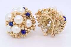 Wonderful Yellow Gold Pearl and Lapis Cluster Earrings
