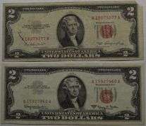 1953 & 1963-A Series $2 Two Dollar Red Seal Jefferson Bank Note US Bill (lot of 2)
