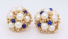 Wonderful Yellow Gold Pearl and Lapis Cluster Earrings