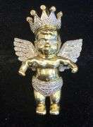 GORGEOUS 10K YELLOW GOLD CROWNED ANGEL PENDANT