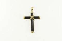 14K Yellow Gold Black Onyx Carved Cross Christian Faith Pendant