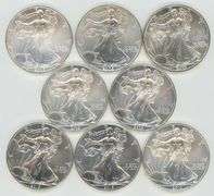8 Assorted Gem BU $1 American Silver Eagles 2003 to 2015