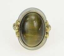 14K White Gold Art Deco Cat's Eye Mother of Pearl Filigree Ring