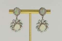 14K White Gold Ornate Classic Oval Natural Opal Halo Dangle Earrings