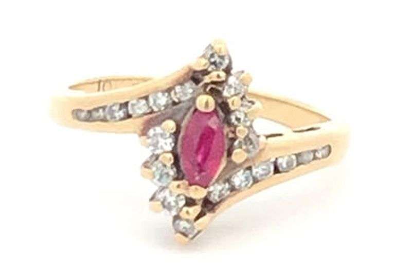 10K Yellow Gold Marquise Ruby Diamond Halo Bypass Vintage Ring