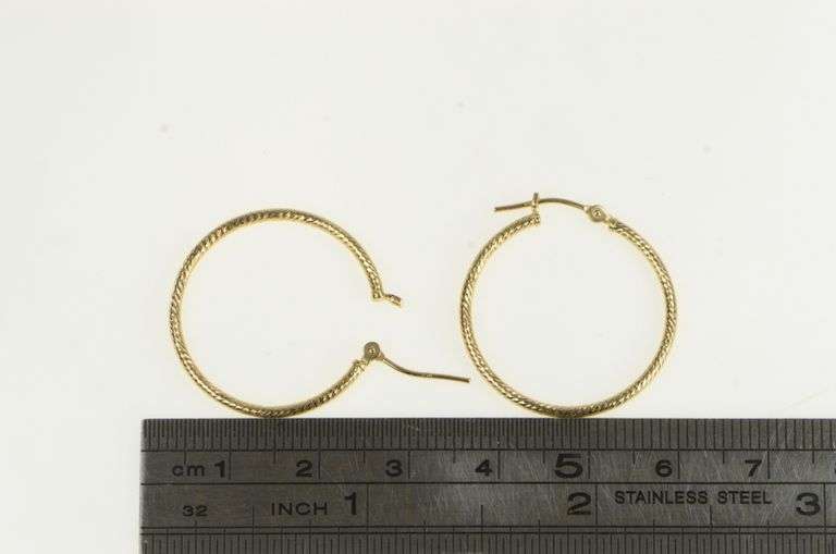 14K Yellow Gold Textured Design Vintage 25mm Statement Hoop Earrings