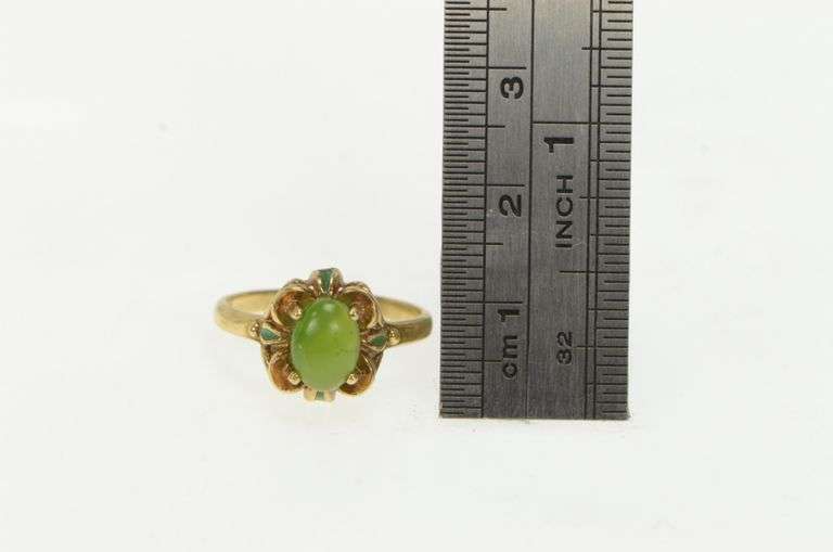 10K Yellow Gold Nephrite Green Enamel Vintage Statement Ring
