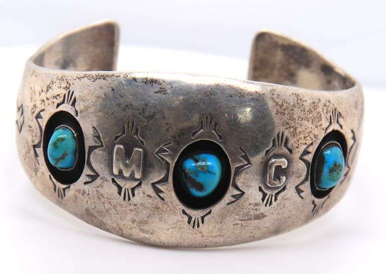 Vintage American Indian Sterling Silver Signed Turquoise Cuff Bangle