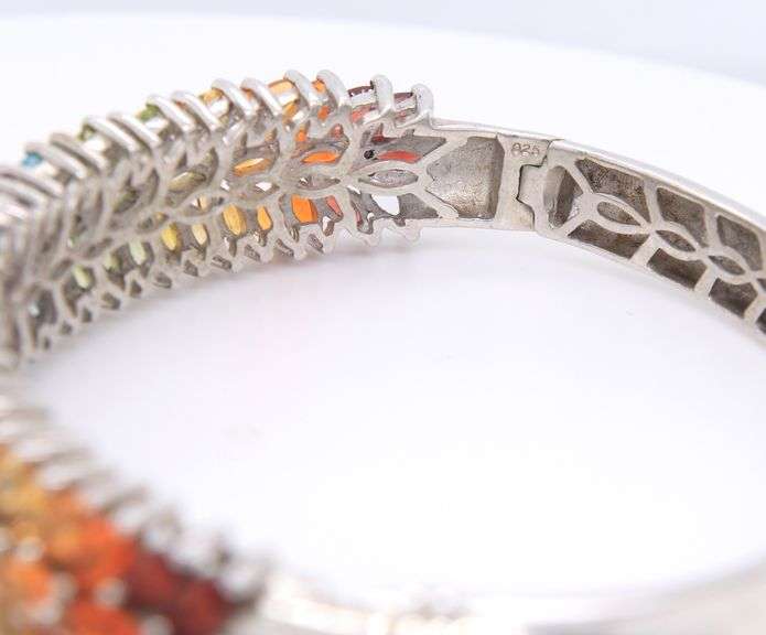 925 Sterling Silver Multi Color Cubic ZirconiaFlower Style Bangle