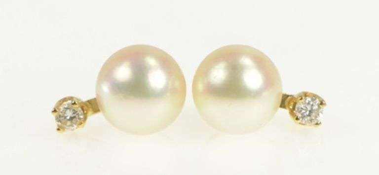 14K Yellow Gold 6.7mm Pearl Diamond Accent Vintage Stud Earrings