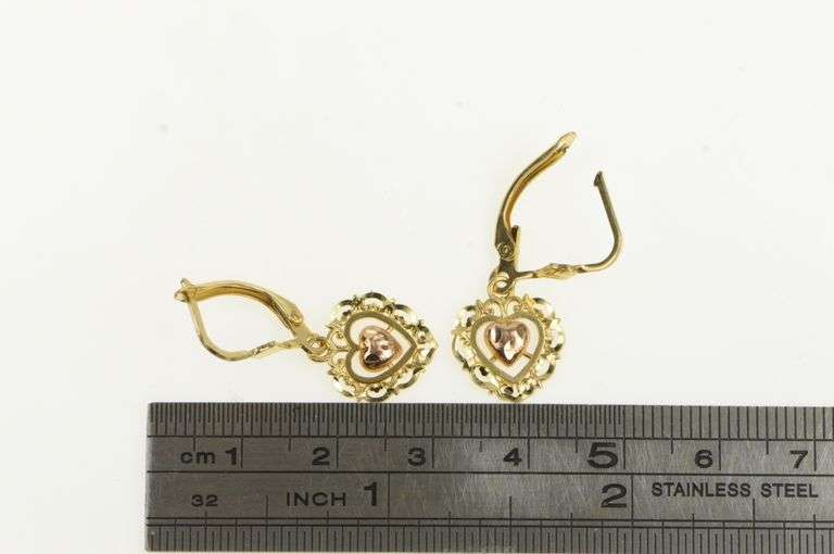 14K Yellow Gold Scalloped Filigree Heart Love Symbol Dangle Earrings