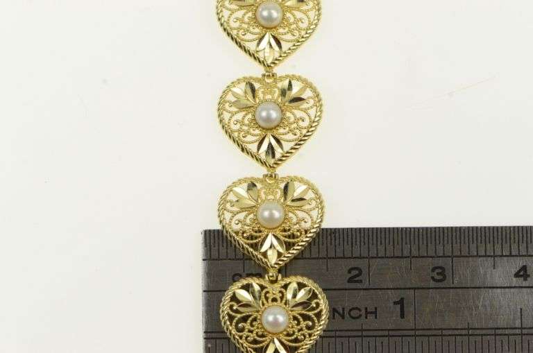 14K Yellow Gold Pearl Ornate Filigree Scroll Love Symbol Bracelet