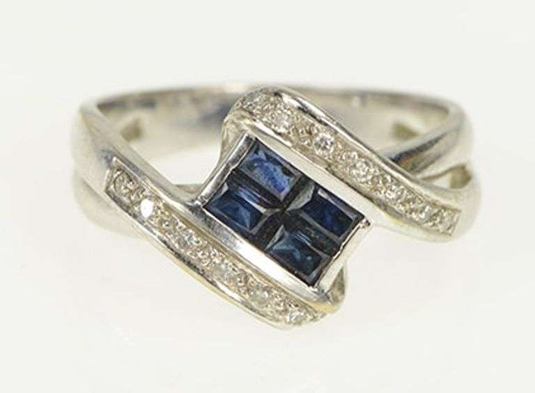 18K White Gold Baguette Sapphire Diamond Bypass Statement Ring
