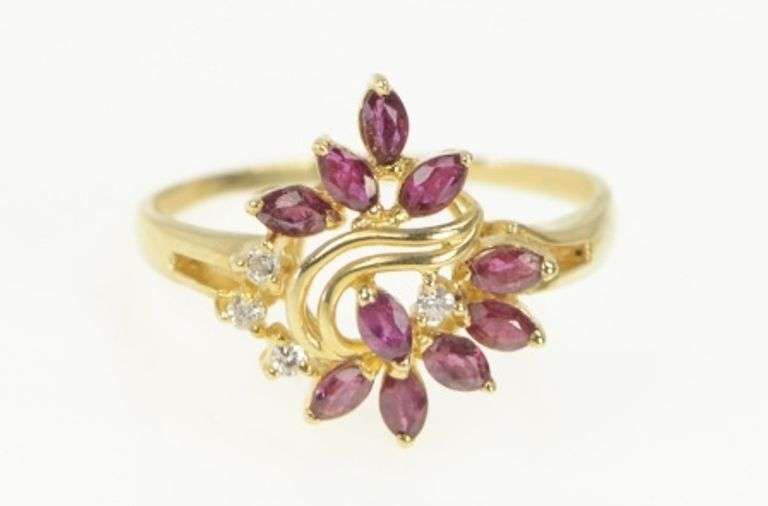 14K Yellow Gold Natural Ruby Diamond Cluster Freeform Ring