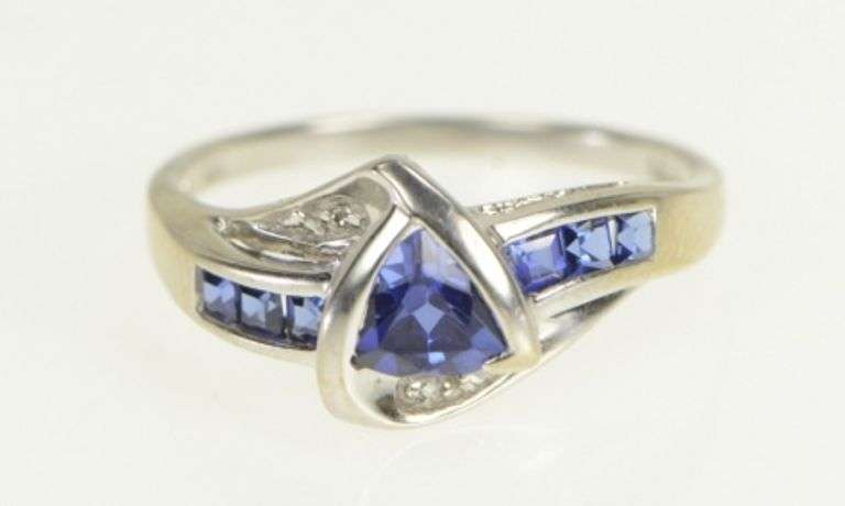 10K White Gold Trillion Syn. Sapphire Diamond Wavy Bypass Ring