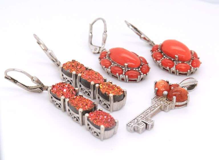 Group Lot of Vintage 925 Sterling Silver Coral Jewelry