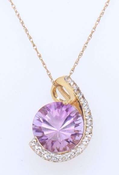 Set of Yellow Gold Amethyst and Diamond Pendant on Chain with Matching Earrings