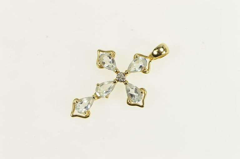 14K Yellow Gold Pear Blue Topaz Diamond Cross Christian Pendant