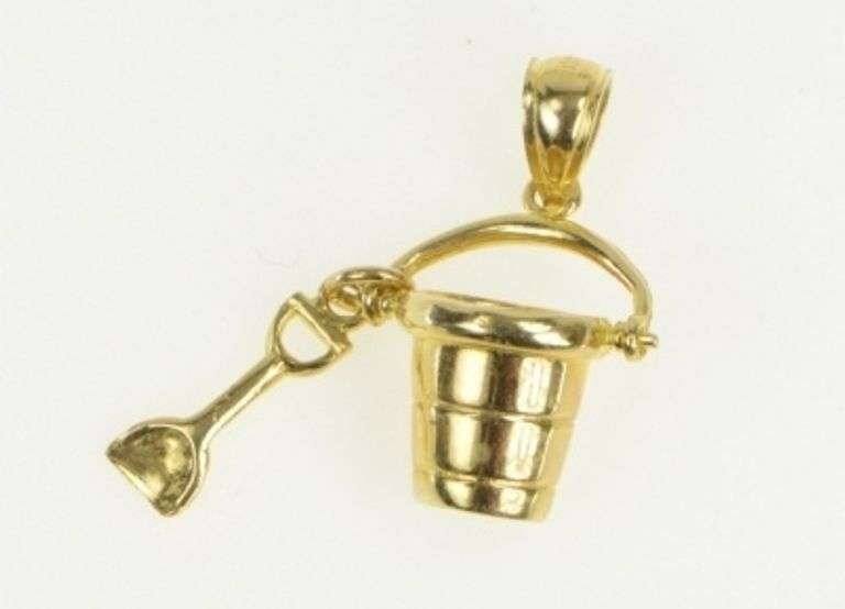 14K Yellow Gold 3D Bucket Pail Shovel Beach Toy Vintage Charm/Pendant