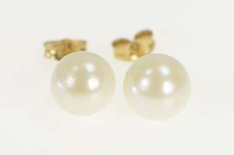 14K Yellow Gold 6.5mm Pearl Vintage Solitaire Classic Stud Earrings