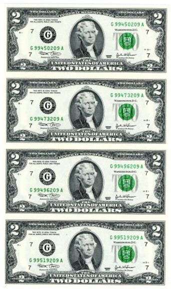 Uncut Sheet of 4 2003 $2 Federal Reserve Notes in Jefferson Folio