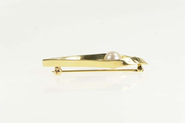 14K Yellow Gold Diamond 7.3mm Pearl Ribbon Curvy Statement Pin/Brooch