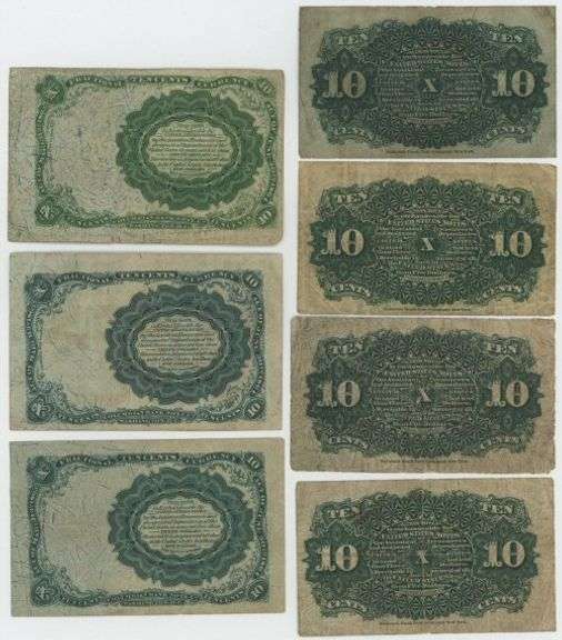 7 Assorted 10 Cents Fractional Currency Notes. Nice lot