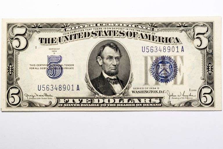 1934 D Gem Unc $5 Silver Certificate.