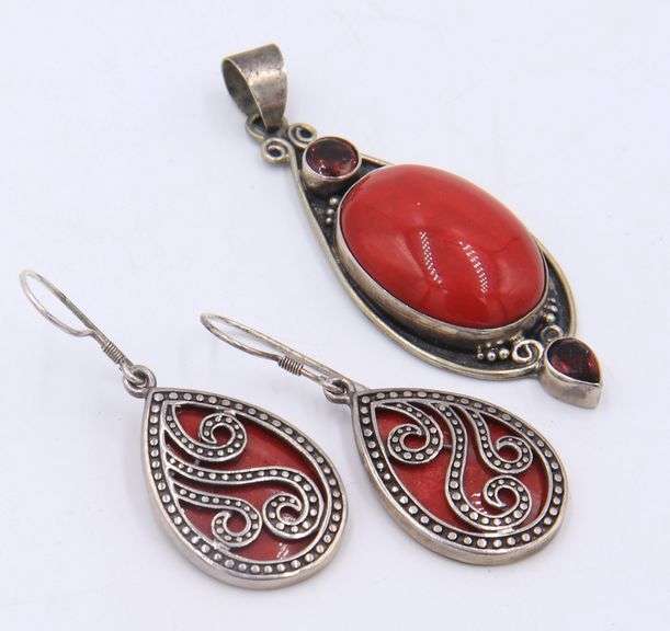 Lot of 925 Sterling Silver Coral Pendant and Coral Dangle Earrings