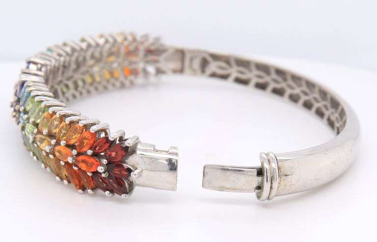 925 Sterling Silver Multi Color Cubic ZirconiaFlower Style Bangle