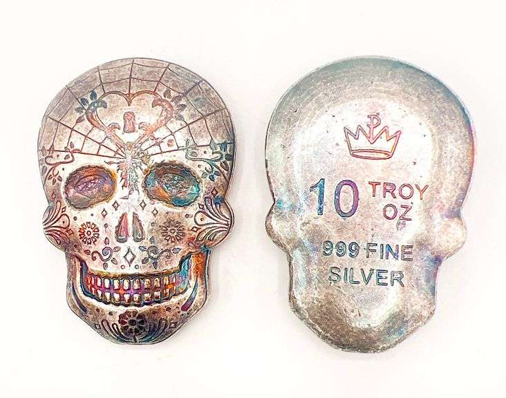 GROUP LOT OF 2X 10 oz FINE SILVER SKULL- 20.0 OZ OF .999 SILVER!
