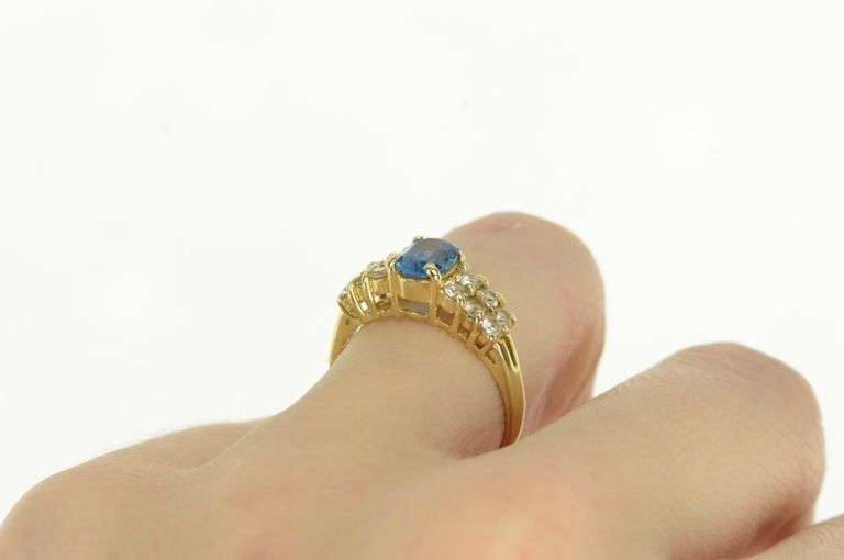 14K Yellow Gold Blue Topaz CZ Squared Cluster Accent Ring